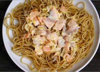 Receta de espaguetis con salmón ahumadofácil y rápida