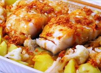 Receta de lomos de bacalao con patatas y coliflor fácil y rápida